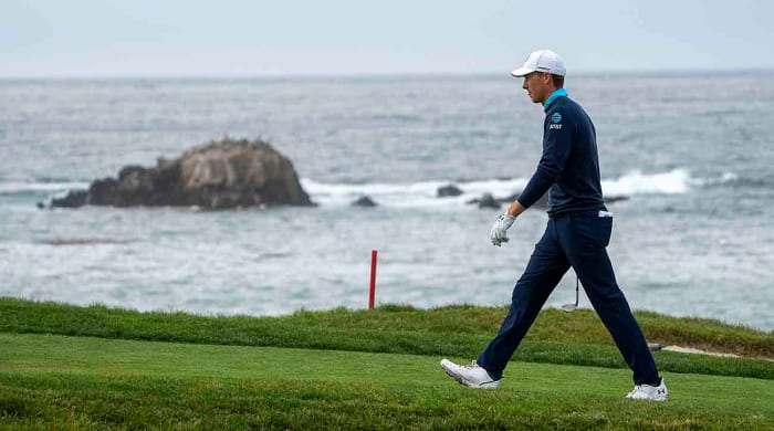 Jordan Spieth walks on the 4th hole during the third round of the 2023 AT&T Pebble Beach Pro-Am at Pebble Beach Golf Links.